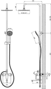 Душевая стойка для ванны и душа  Gun Metal поворотный излив, ручной+верхний душ, шланг, цв. хром ESKO Lagos ST205LG