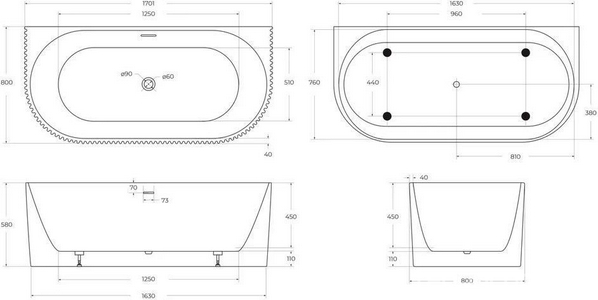 Ванна 1700х800хh580мм, пристенная, интегрированный слив-перелив, донный клапан в компл., (акрил цв.белый), BelBagno ZZ BelBagno Универсал BB713-1700-800