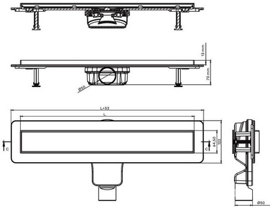 Душевой желоб 80 см, с металлич. обрамлением бортика, поворотный сифон d-50 мм, комбинированный затвор, решетка под плитку из нерж.стали KL Berges Optim Line Plus 090518 (090518-А)