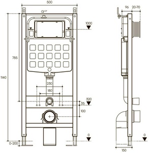 Инсталляция для подвесного унитаза,1140х96/150х500мм, со смывным бачком, фронт.управл., механическ.смыв, крепёж в компл, без кнопки смыва,  Aqueduto Tecnica TEC11