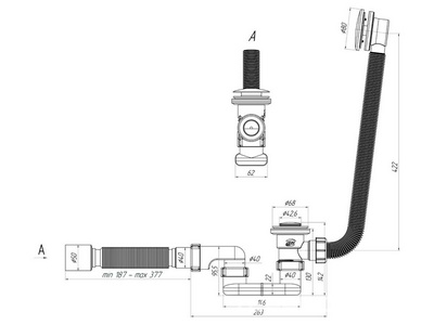 Сифон для ванны click/clack, плоский, с переливом и сеткой, гофра в компл. Ани Пласт Комплектующие EC055S
