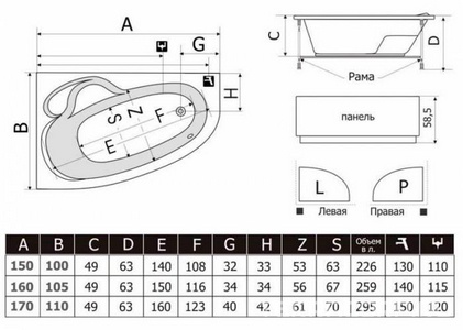 Ванна  (правая) "Стандарт",  без г/м, 150х100см,  на раме, фронт. панель, слив/перелив в комплекте ZZ Thermolux Talia Talia 150 P стандарт
