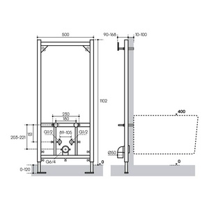 Инсталляция для подвесн. биде, 1102х500мм, патрубок d50мм, крепеж к стене в компл.,  Aqueduto Tecnica TEC02