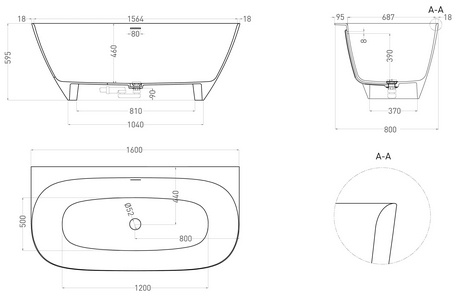 Ванна 1600х800хh590мм, пристенная, литой камень S-Stone матов цв.белый, д/к Up&Down в цвет ванны, интегрир.слив-перелив,рама в компл,Sofia Wall 160 ZZ Salini Sofia Wall 180 102527M