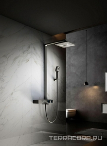 Смеситель-термостат для ванны (душа), со стационарным верхн.душем 28х19см., душевая лейка, шланг в компл., (цв.черный матовый),  ZZ Vincea Inspire VSFS-3I13TMB