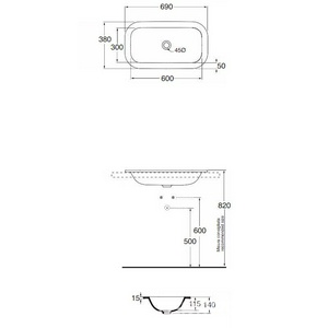 Раковина встраиваемая в столешницу сверху, без отв. для смесителя, без перелива, 69х38хh14см, (цв. белый),  Azzurra Glaze GLZ 69X38/IN