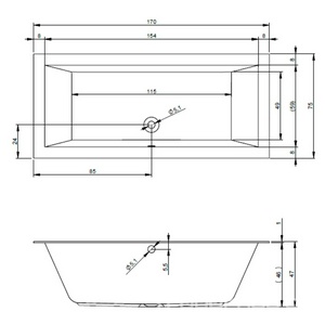 Ванна 170х75см, без ножек/рамы, панелей, слива-перелива, (акрил цв.белый), Lugo ZZ Riho lugo B132001005