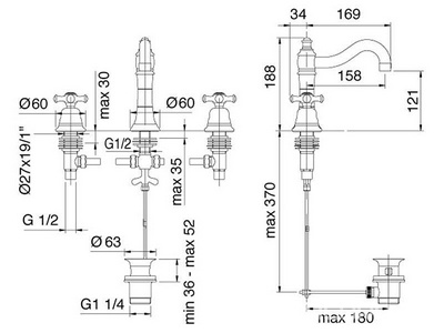 Смеситель для раковины, на 3 отв., Г-образн. излив, с д/к, (цв.золото, ручки SW - Swarovski),  ZZ 3M Old italy 4417 DD + 2 ручки SW - Swarovski DD