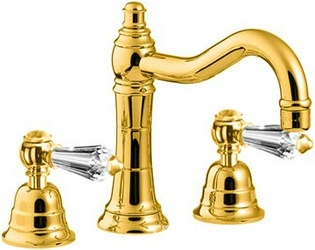 Смеситель для раковины, на 3 отв., Г-образн. излив, с д/к, (цв.золото, ручки SW - Swarovski), Old italy ZZ