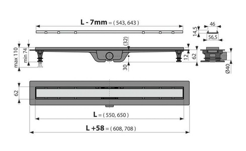 Водоотводящий желоб 750 мм, с двухсторонней решеткой под плитку, комбинированный гидрозатвор ZZ AlcaPlast Simple APZ19-750