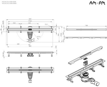 Душевой желоб щелевой 80 см, комбинированный затвор, со стальной матовой решеткой AMPM Универсал W01SC-S11-080-05SB