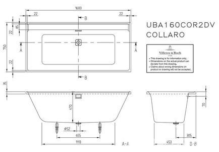 Ванна 1600х750хh470мм, (акрил цв.01 белый), слив-перелив цв.хром в компл., БЕЗ ножек арт.U99740000,  ZZ Villeroy & Boch Collaro UBA160COR2DV-01