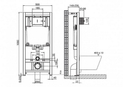 Инсталляция для подвесн. унитаза,1090х500х105мм, со смывным бачком скрытого монтажа, фронт.управл., крепёж в компл, без кнопки смыва, BelBagno 80 BelBagno Универсал BB002-80
