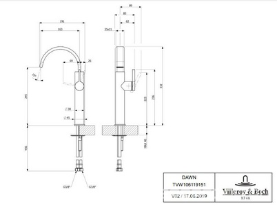 Смеситель для раковины, Высокий, без д/к, (цв.черный матовый),  ZZ Villeroy & Boch Dawn TVW106119151K5