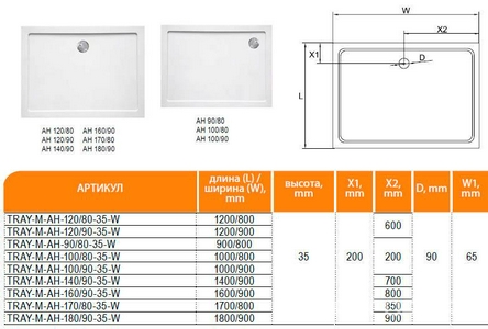 Поддон душевой 1400х900h35мм, прямоугольный, отв. слива 90мм, (без сифона, ножек, экрана), цв. белый стеклокомпозит SMC, Cezares ZZ Cezares Универсал TRAY-M-AH-140/90-35-W
