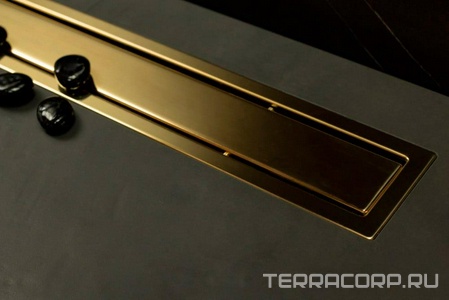 Дренажный канал 650хh71/117мм,готов компл,сифон d50 выход вбок 48л/мин,ножки, 2х сторон.решётка/полая под плитку(цв.золото 24К глянец)Prem Gold LineZZ Pestan Premium Gold Line 13100053