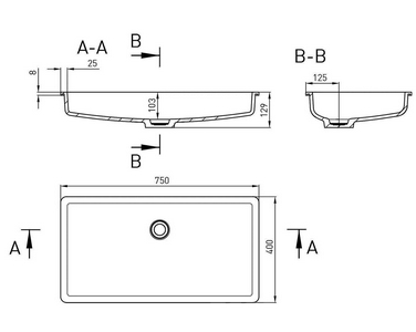 Раковина встраив.в столешн.снизу,прямоуг 750х400хh129мм,без отв.д/смес,без перелива,без донного клапана,литой камень S-Stone мат,цв.белый,  10 ZZ Salini Marea 1802210M