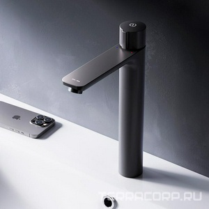 Смеситель для раковины высокий, нажимной, БЕЗ донного клапана, черный матовый AMPM X-Joy F85A92522
