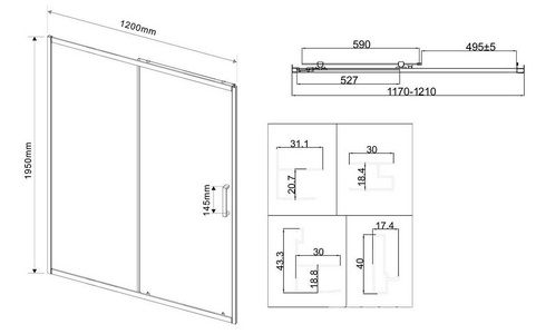 Дверь для душа, в нишу 1200хh1950мм, раздвижн., 1 дверь, 1 неподв.секц, правая/левая, (стекло прозрачное 5мм, фурн.цв.черный матовый),  ZZ Vincea City VDS-5CT120CLB