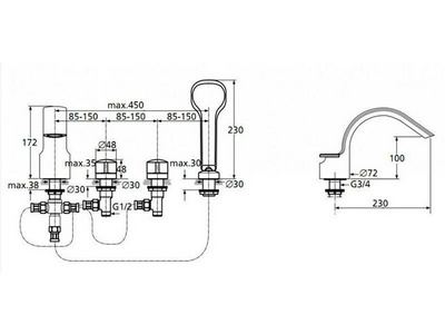 Смеситель для ванны, встраиваемый в борт на 4 отв., лейка, шланг 150см в компл., (цв.хром), Melagne ZZ Ideal Standard Melange A4293AA