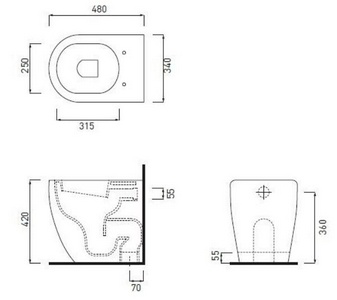Унитаз напольный пристенный 34х48хh42см, выпуск в стену, крепёж в компл, (без сиденья),  Mini ZZ Ceramica Cielo Smile SMVASR Gloss White