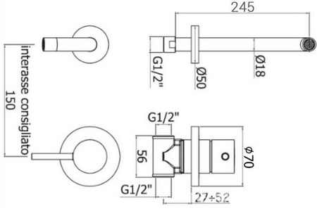 Смеситель для раковины, настенный, излив 245мм, встраиваемая часть в компл., без д/к, (цв. белый матовый),  ZZ Paffoni Light LIG007BO70
