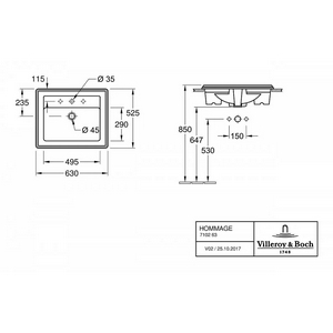 Раковина встраиваемая 630х525 мм, 3 отв. д/смес., (R2 Star white ceramicplus),  ZZ Villeroy & Boch Hommage 7102A1R2