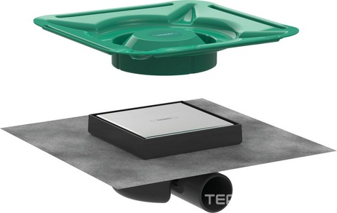 Трап для душа, выпуск гориз.50мм, min h устан.78мм, для облиц.плиткой,(пластик,решетка нерж.сталь Brushed Stainless Steel,150х150мм), ZZ Hansgrohe RainDrain Spot 56112800