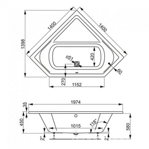 Ванна угловая 140x140xh45см, без панели и каркаса, (акрил цв.белый), Сavallo Corner ZZ Vagnerplast cavallo VPBA140CAV3X-04
