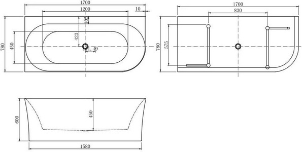 Ванна 1700x780хh600мм, ассиметричная, Левая, интегрированный слив-перелив, д/к цв.хром в компл., (акрил цв.белый),  4 ZZ Allen Brau Priority 2.31004.20A