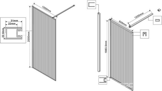 Душевая перегородка 1000хh2000мм, правая/левая, (стекло рифленое 8мм Easy Clean, укорачиваемый кронштейн 1200мм, фурнит.цв.черный матовый), ZZ Vincea Walk-In VSW-1HP100FLB