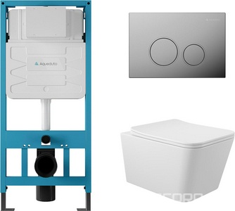 Компл.: унитаз подвесн.,безободк.,520х370мм, цв.белый глянц., сиденье с микролиф,,инстал. д/унитаза, крепёж, клавиша смыва Circulo цв.хром,  ZZ Aqueduto Macio AQDS009