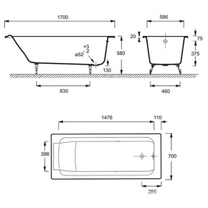 Ванна чугунную   БЕЗ АНТИСКОЛЬЗЯЩЕГО ПОКРЫТИЯ /170x70/, безотверстий для ручек  ZZ Jacob Delafon Parallel E2947-S-00