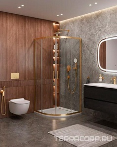 Душевой уголок (980-1005)x(980-1005)х1950 мм, 1/4 круга, (стекло прозр.Idrorepellente 6мм, фурн.цв.брашированное золото),  ZZ Cezares Molveno MOLVENO-R-2-100-C-BORO-IV