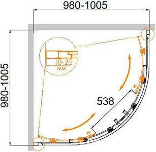 Душевой уголок (980-1005)x(980-1005)х1950 мм, 1/4 круга, (стекло прозр.Idrorepellente 6мм, фурн.цв.брашированное золото),  ZZ Cezares Molveno MOLVENO-R-2-100-C-BORO-IV