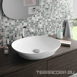 Раковина накладная (полувстр) на столешницу, овальная 600х420хh117(90)мм, без отв.д/смесит, без перелива, с арматурой слива, LinearCeram,CeFiONtect,Ne Toto Neorest L4706E#XW