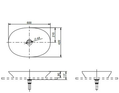 Раковина накладная (полувстр) на столешницу, овальная 600х420хh117(90)мм, без отв.д/смесит, без перелива, с арматурой слива, LinearCeram,CeFiONtect,Ne Toto Neorest L4706E#XW