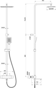 Смеситель-термостат для ванны(душа), со стационарным верхн.душем 30х20см., душевая лейка, шланг в компл., (цв.матовое золото),  ZZ Oliveeka D-LINE OL-739901-BG