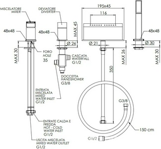 Смеситель для ванны, встраиваемый на борт, на 4 отверстия, с душ.гарнитуром и внутр.частью, (цв.хром),  ZZ Remer QUBIKA Q06 CR