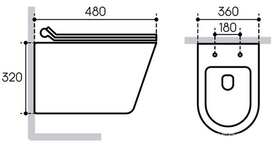 Унитазы Aqueduto Cone Компл.: унитаз подв.,безободк,Tornado 480х360мм,цв.белый гл, сиденье с микролиф,,инстал. д/унит., крепёж, клавиша смыва QUADRADO цв.черный мат, ZZ Белый 