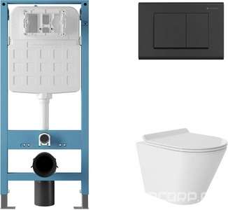 Унитазы Aqueduto Cone Компл.: унитаз подв.,безободк,Tornado 480х360мм,цв.белый гл, сиденье с микролиф,,инстал. д/унит., крепёж, клавиша смыва QUADRADO цв.черный мат, ZZ Белый 