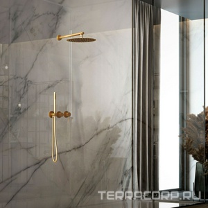 Душевой к-т: смеситель встр.в стену, верхний душ 300мм, ручн.душ, шланг, кронштейн совмещ. со шланг.подсоед., (цв.брашированное золото),  ZZ Vincea Groove VSFW-4G01BG4