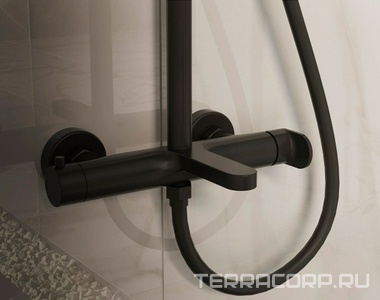 Смеситель для ванны(душа), со стационарным верхн.душем 25см., душевая лейка, шланг в компл., (цв.черный матовый),  ZZ Vincea Rondo VSFS-1R1MB