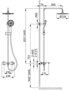 Смеситель для ванны(душа), со стационарным верхн.душем 25см., душевая лейка, шланг в компл., (цв.черный матовый),  ZZ Vincea Rondo VSFS-1R1MB