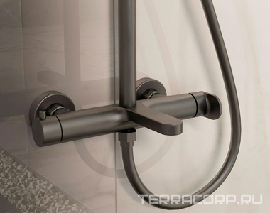 Смеситель для ванны(душа), со стационарным верхн.душем 25см., душевая лейка, шланг в компл., (цв.вороненая сталь),  ZZ Vincea Rondo VSFS-1R1GM