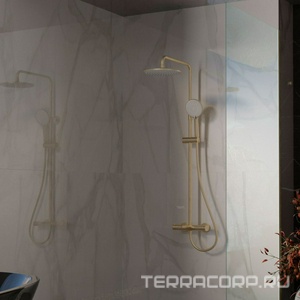 Смеситель для ванны(душа), со стационарным верхн.душем 25см., душевая лейка, шланг в компл., (цв.брашированное золото),  ZZ Vincea Rondo VSFS-1R1BG