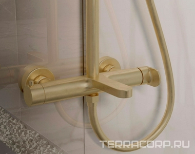 Смеситель для ванны(душа), со стационарным верхн.душем 25см., душевая лейка, шланг в компл., (цв.брашированное золото),  ZZ Vincea Rondo VSFS-1R1BG