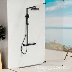 Смеситель для ванны (душа), со стационарным верхн.душем 26см., душевая лейка, шланг в компл., (цв.черный матовый),  ZZ Vincea Aspire VSFS-4AS1MB