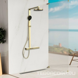 Смеситель для ванны (душа), со стационарным верхн.душем 26см., душевая лейка, шланг в компл., (цв.брашированное золото),  ZZ Vincea Aspire VSFS-4AS1BG