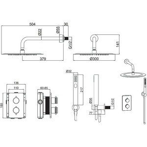 Смеситель-термостат д/душа,встр.в стену, со стац.верхн.душем d30см, кронштейн,лейка,держатель,шланг,встр.часть в компл,(цв.черный матов), ZZ Allen Brau Priority 5.31013-31